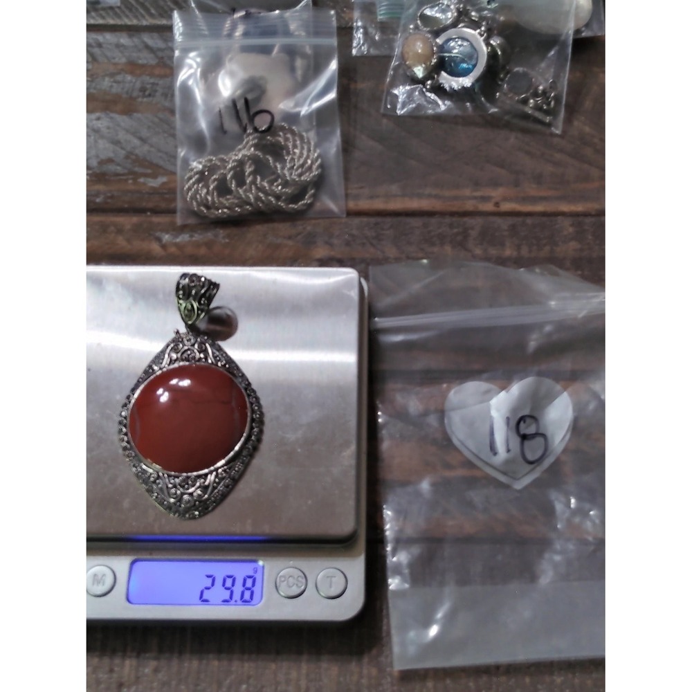 925 Sterling Silver Red Jasper Marcasite Statement Pendant 29.8g Thai Filigree